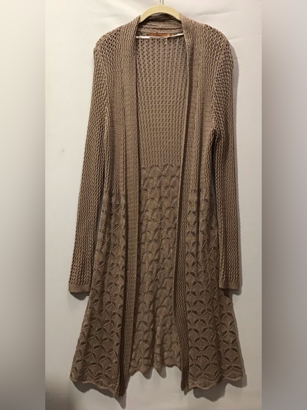 503 Belldini Open-Front Longline Knit Cardigan in Taupe